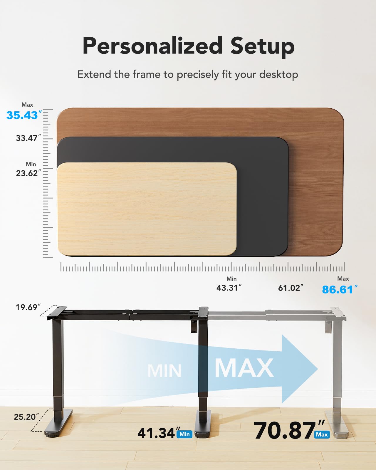 HUANUO Standing Desk Frame with 220lbs Powerful Brushless Motor, Double Crossbeam Structure, Thick Adjustable Desk Legs, for Max 35.4″ x 86.6″ Desktop, for Home Office, Black Frame Only
