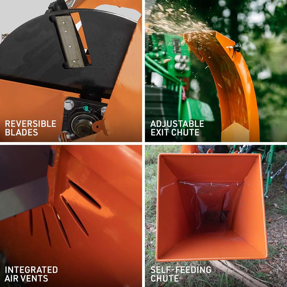 Titan Attachments 3 Point Wood Chipper, PTO Driven for Tractors up to 40HP, 25" Rotor Chips up to 4" Diameter Timber, Self-Feeding Chute, Adjustable Discharge, Shredder Mulcher with Reversible Blades