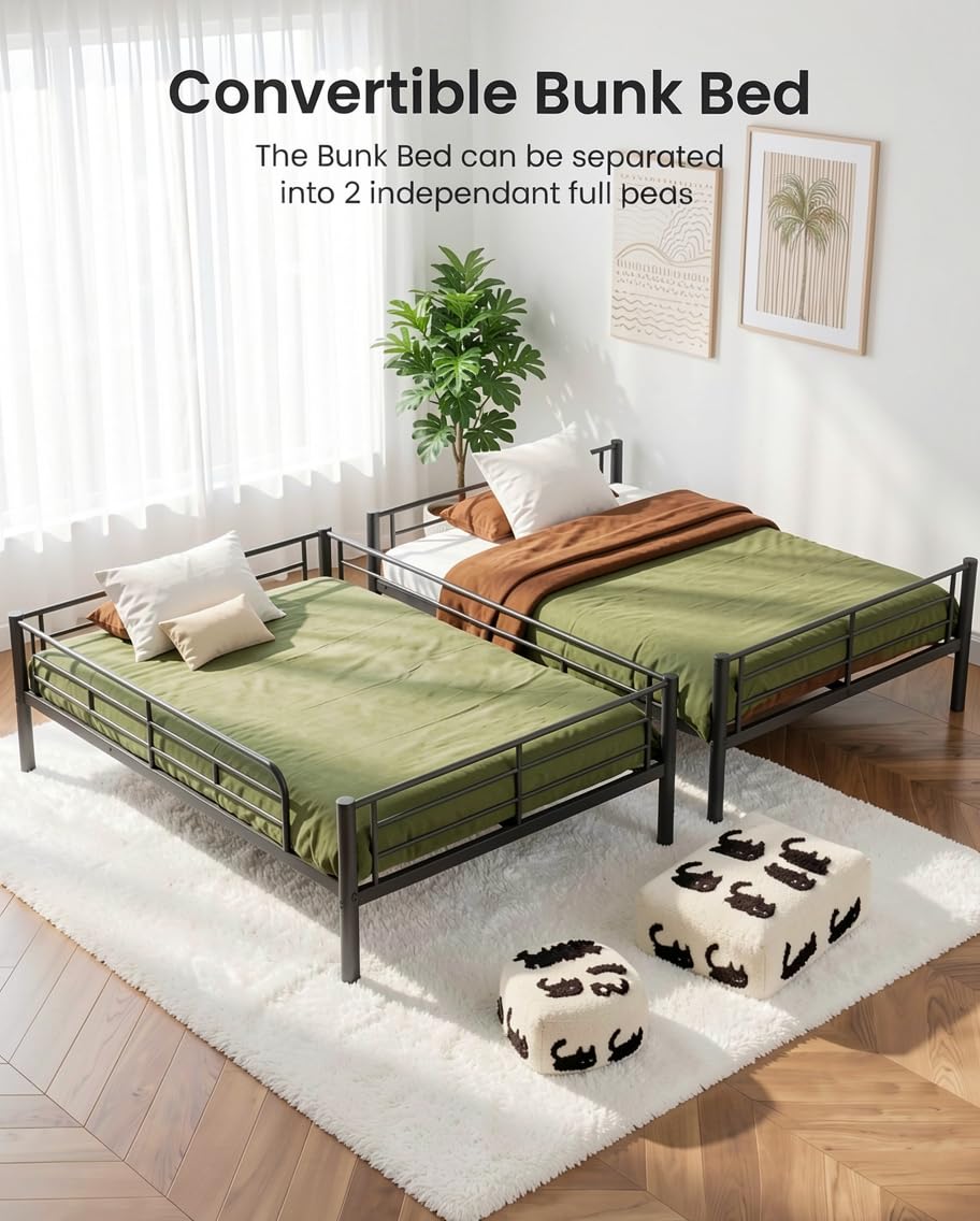 Mixcous Full Over Full Bunk Bed for Adults, Heavy Duty Metal Bunk Bed Frame, Convertible into 2 Full Beds, Noise-Free, Full-Length Guardrails & EVA Padded Ladder, No Box Spring Needed, Black