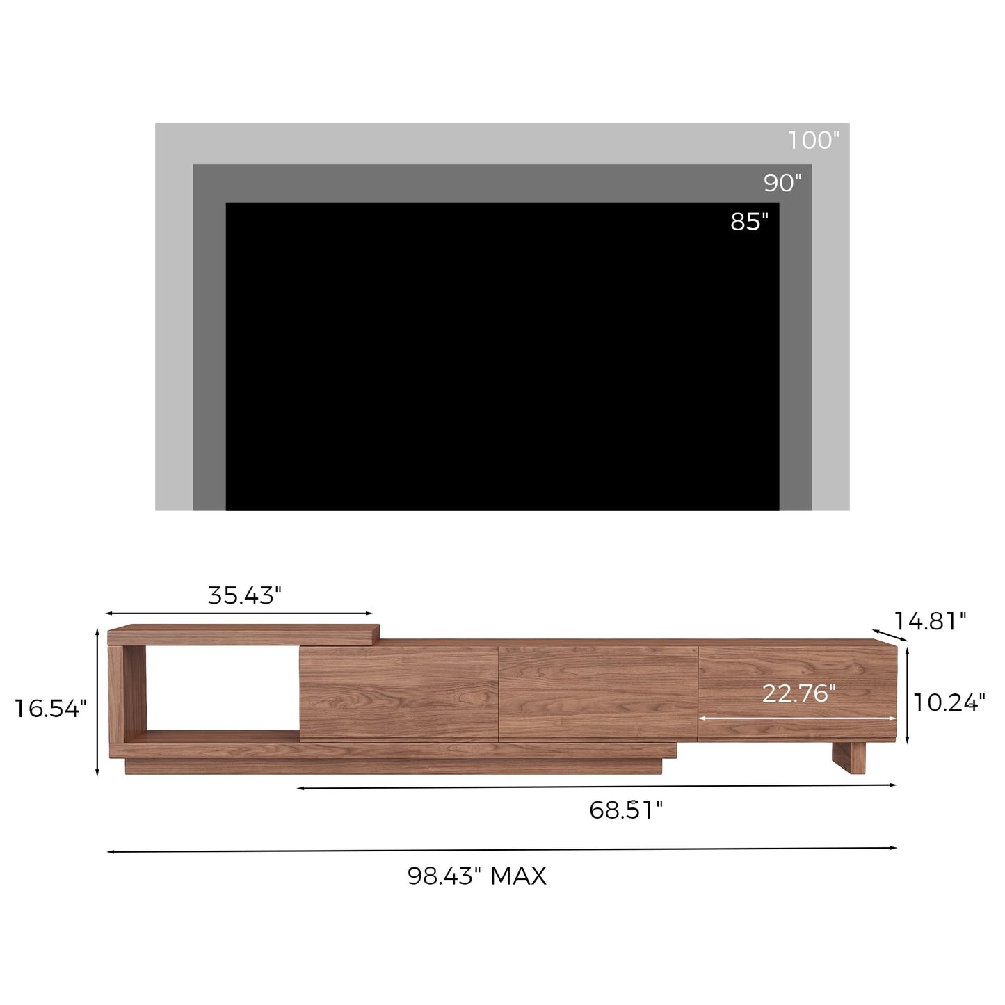 Etelifrank Extendable TV Stand for 65-100 Inches TVs – Walnut Entertainment Console with 3 Drawers & 1 Storage Compartment, Adjustable Length 68.5''-98.4'' (Walnut, 68.5''-98.4'')
