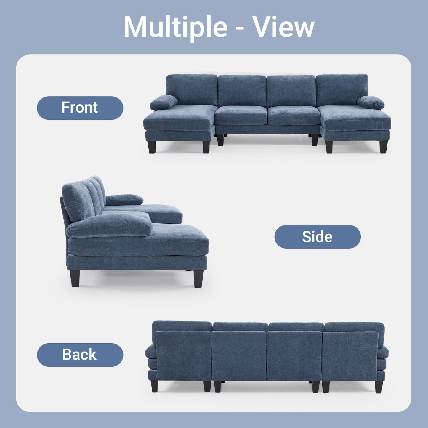 VINGLI 110" Sectional Couches for Living Room,U Shaped Couch with Double Chaise, 4-Seat Sofa Set with Corduroy Fabric for Home Furniture,Ocean Blue