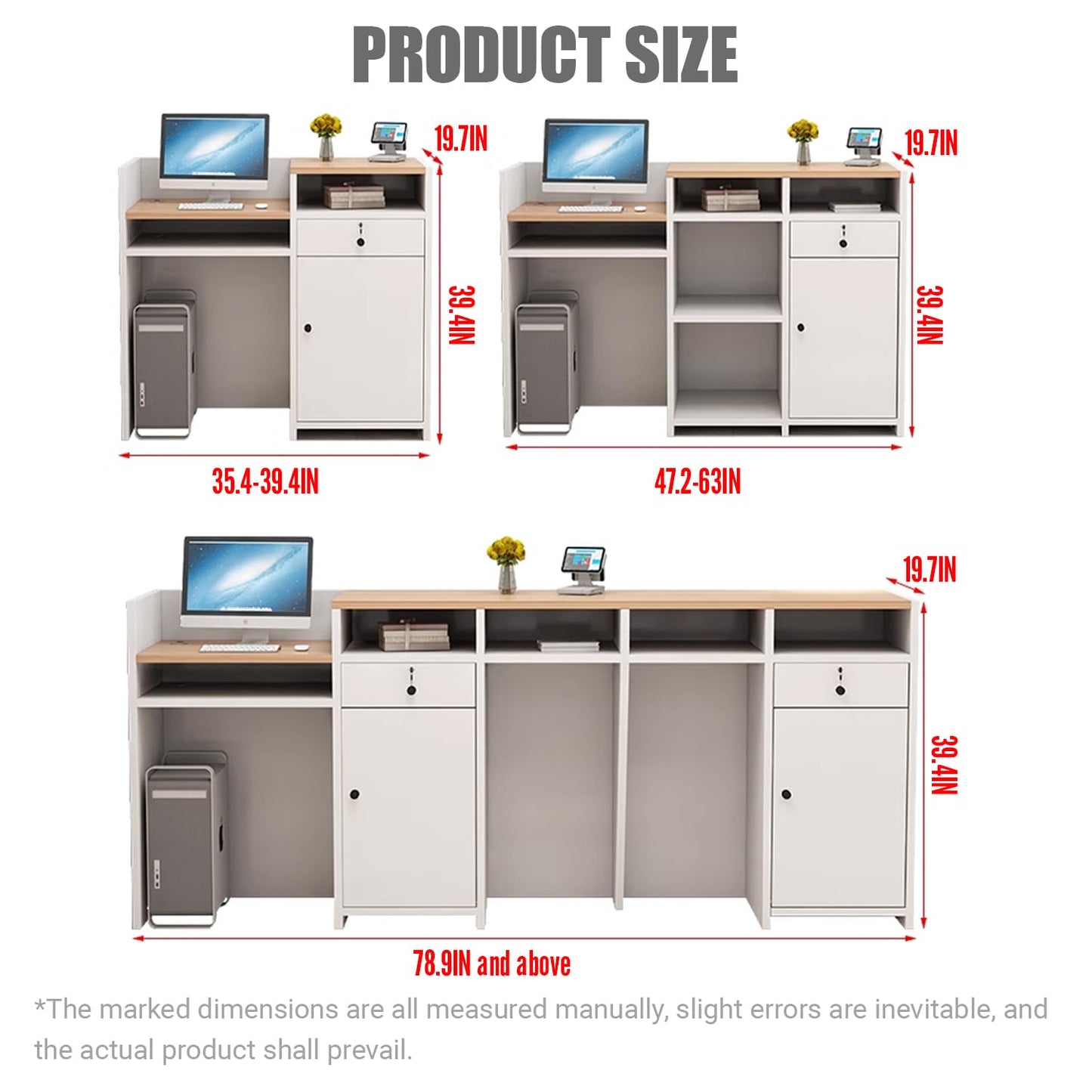 Reception Desk with Counter, L 35.4-74.8'' , Modern Front Desk Reception Counter, Solid wood ecological board, large storage space,with Storage Drawers, front office desk for Salon, Office, Lobby