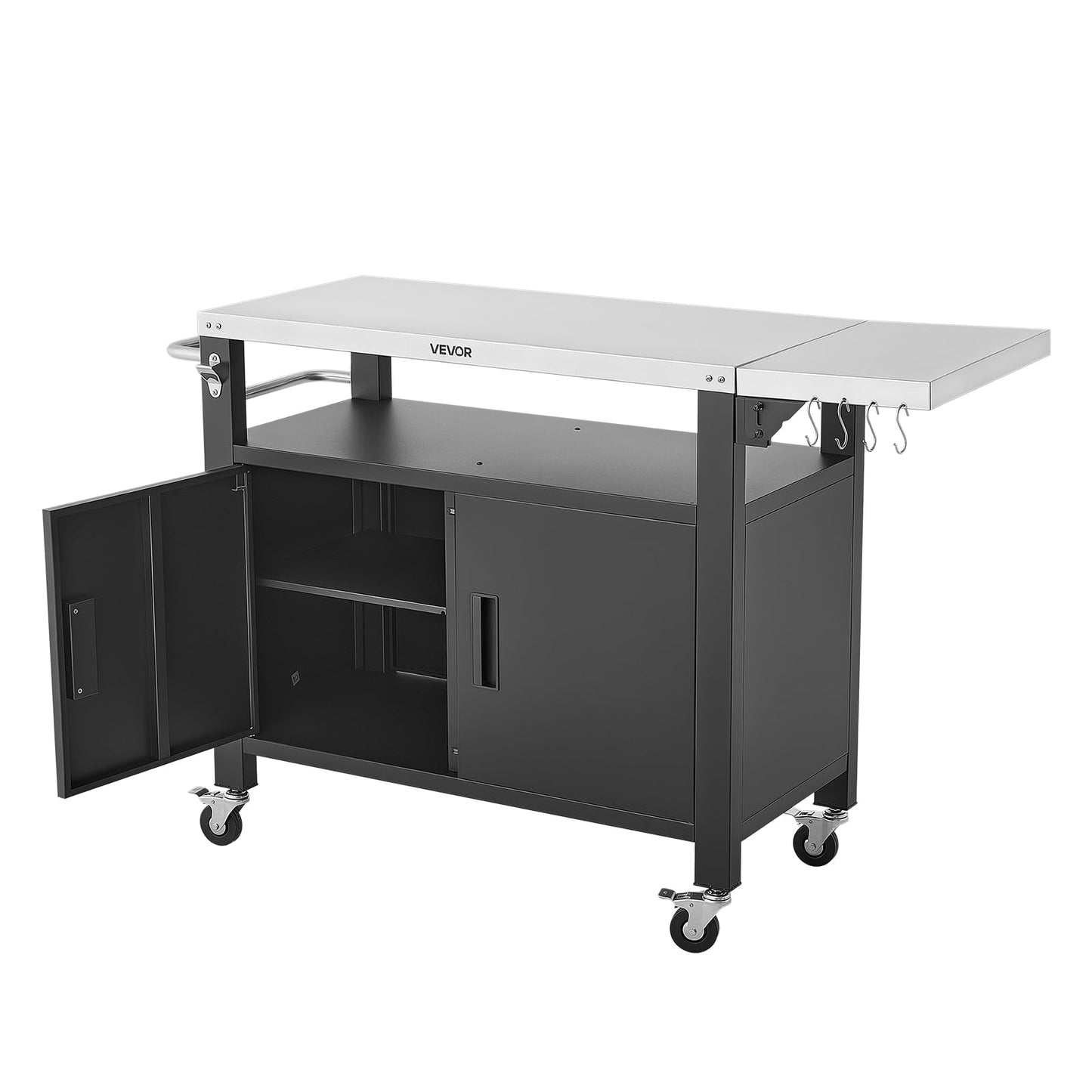 VEVOR Outdoor Grill Cart with Storage Cabinet, 55.1 Inch Grill Table, Waterproof Kitchen Island with Stainless Steel Top, Shelf, and Wheels, Movable Food Prep Station for Patio Bar Backyard BBQ