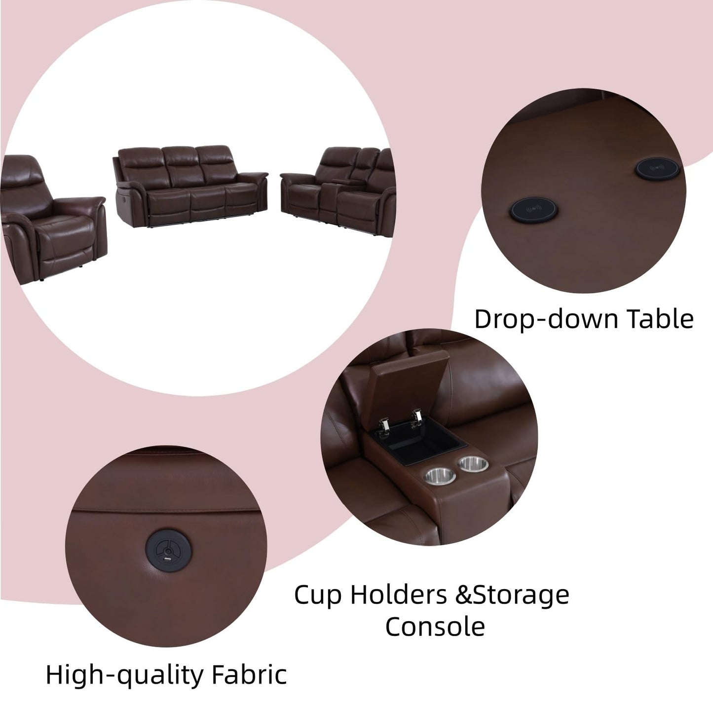 Trygoal Modern Power Recliner Sofa Set of 3, Air Leather Living Room Set with Wireless Charger, Home Theater Seating with Hidden Storage & Cup Holders, Retro Vintage Furniture, Reddish Brown