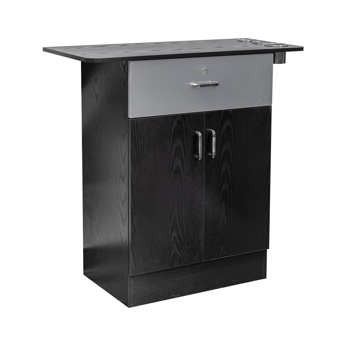 Berkeley Chloe Styling Station, Barber Salon Cabinet with Appliance Holder Lockable Drawer for Beauty Spa Salon Equipment, Black Cabinet Silver Top