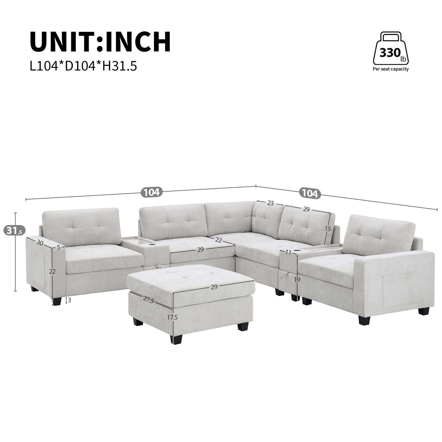 ERYE 104-Inch Oversized Tufted Corner Sectional Sofa 6 Seat Modular Convertible Sofa Couches W/Charging Station, Movable Ottoman, Storage Console,Drawers for Home/Apartment