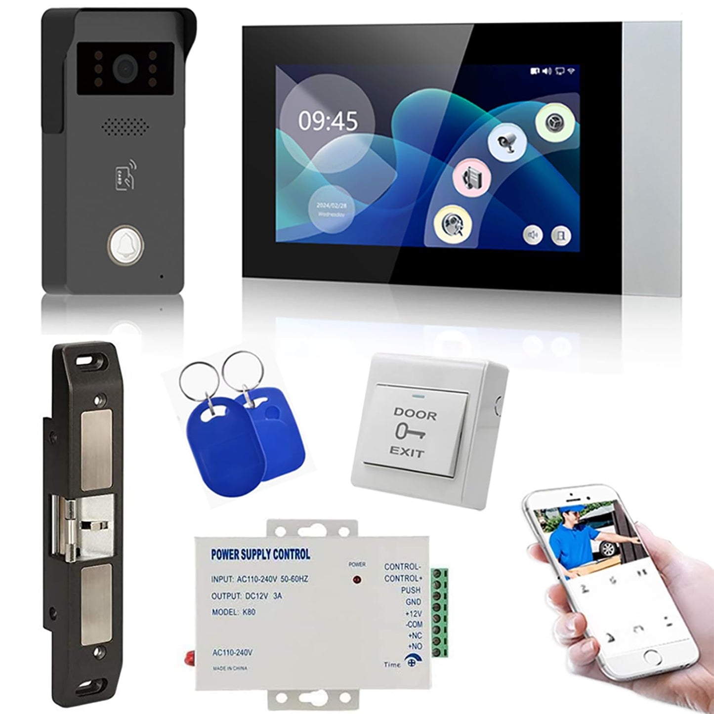 MENGQI-CONTROL LCD Video Door Intercom Access Control System Electric Strike Push Rod Lock for Panic Bar& Power Unit Full Kits Cards Phone App Remote Open