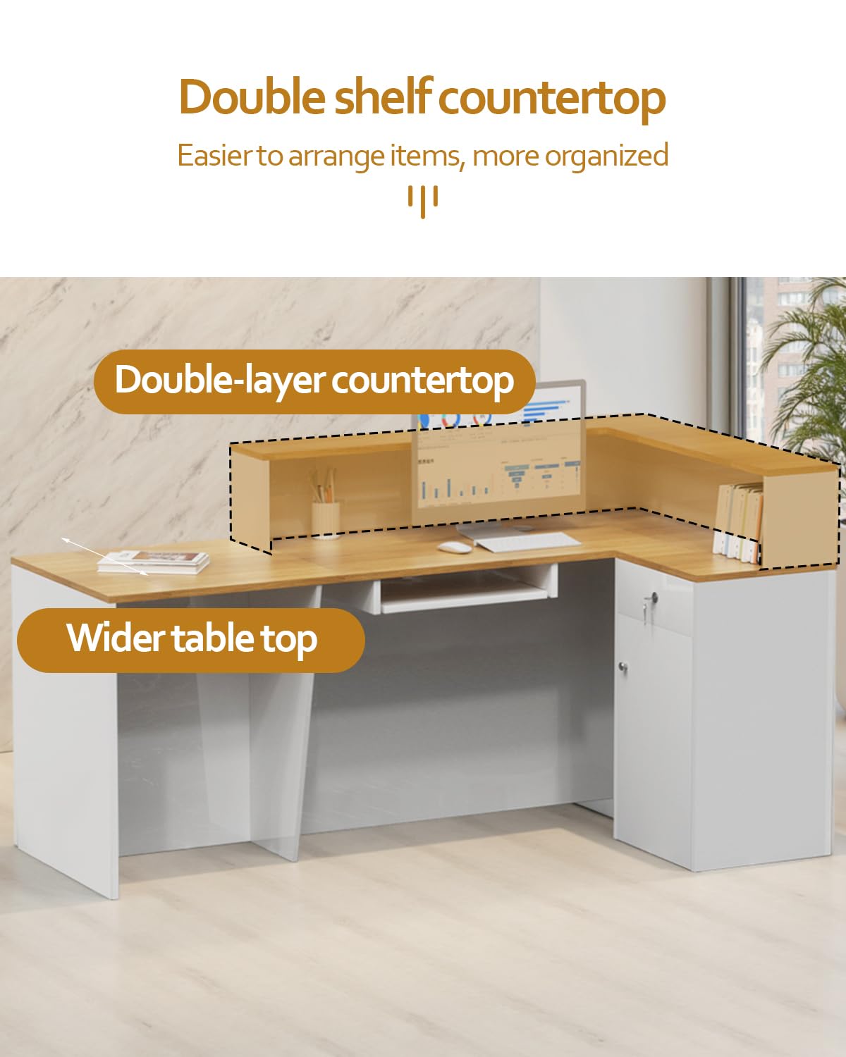 L-Shaped Reception Desk with Counter, 63" Solid Wood Modern Reception Counter with Lockable Drawers and Storage, Wood and White Front Desk for Checkout, Home Office, Beauty Salon (A-Lift, 63in)