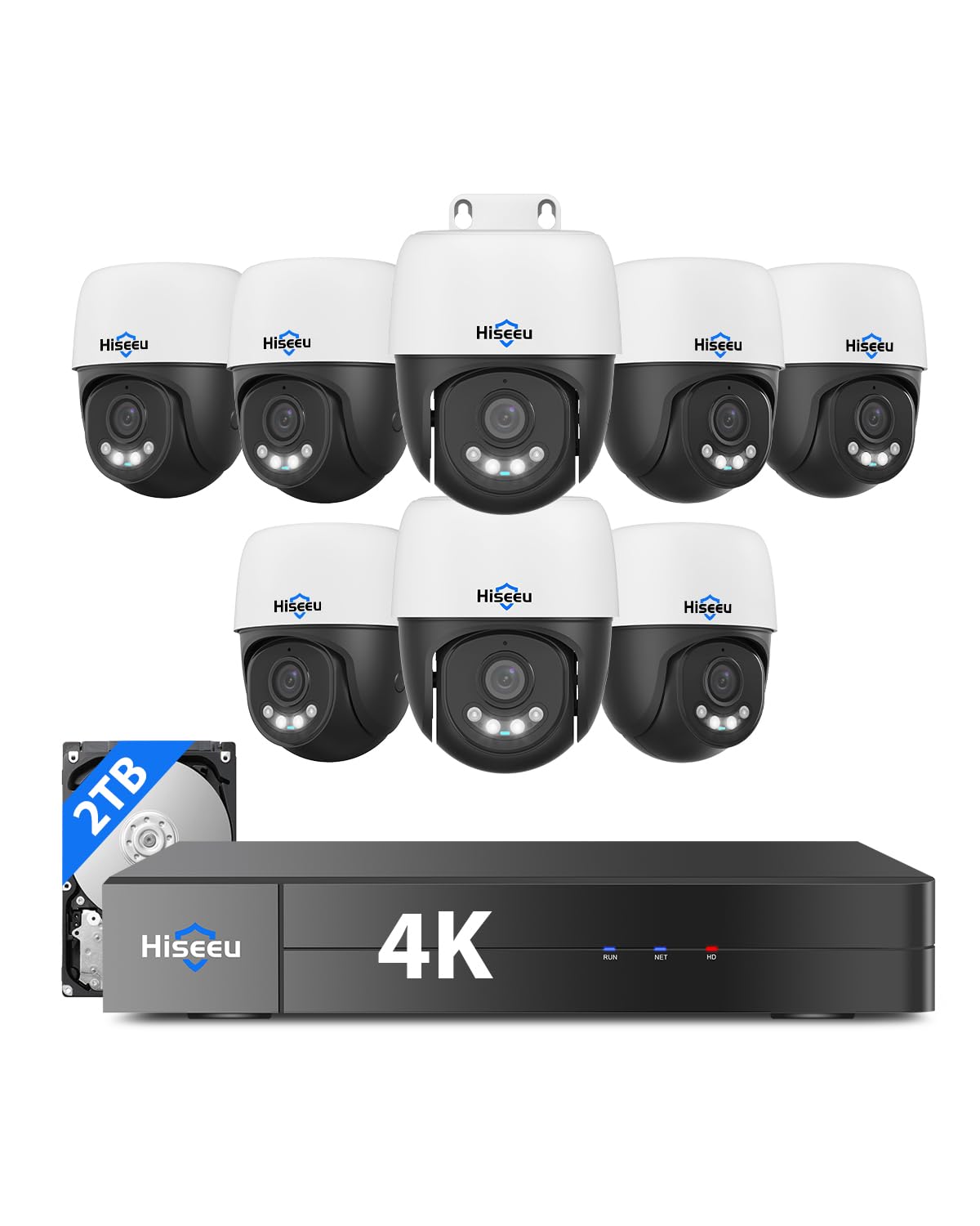 [4K+360° View] Hiseeu 4K PoE Security Camera System, 8Pcs 8MP PoE PTZ Wired Camera Outdoor, Human Vehicle Detect, 2-Way Audio, Color Night Vision, 16CH Expandable, 2TB HDD for 24/7 Home Surveillance