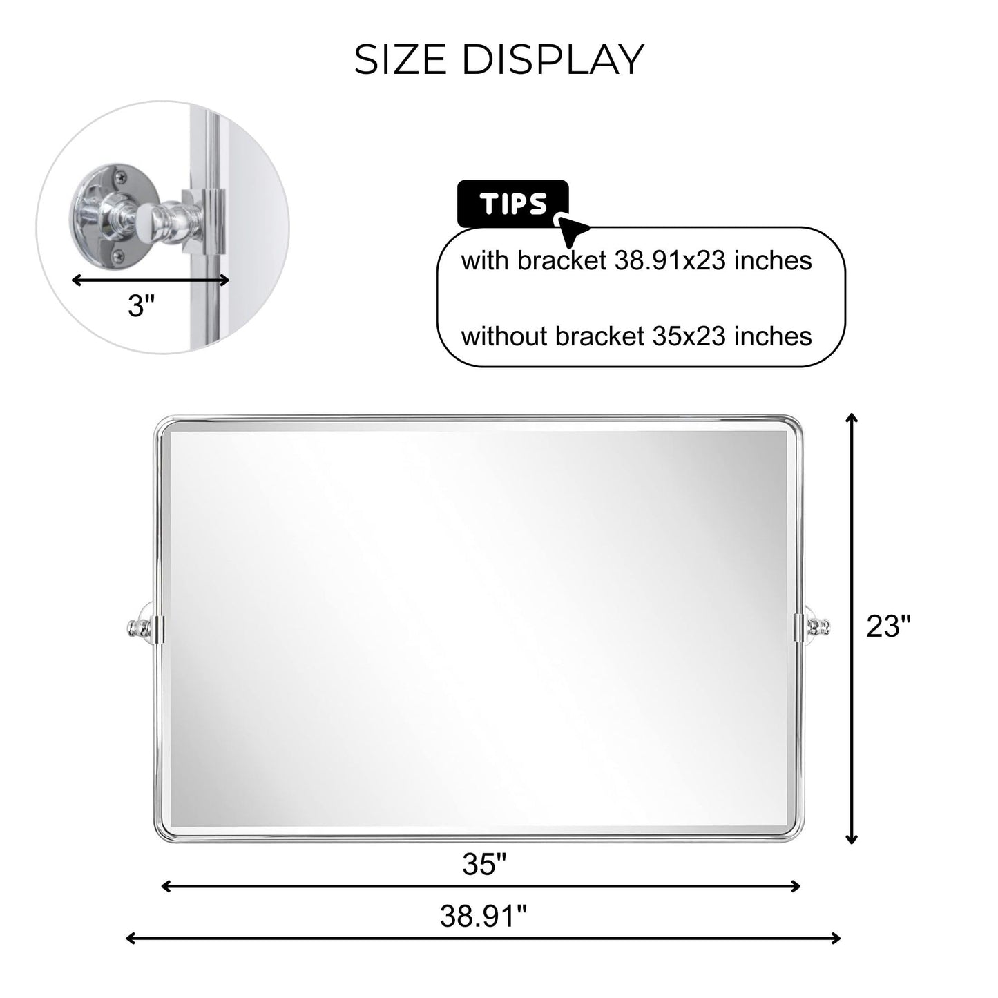TEHOME Horizontal Pivot Bathroom Mirror Tilting Chrome Metal Framed Pivot Rectangle Rounded Rectangluar Vanity Mirrors for Wall, Overall 38.91 x 23 inches (Mirrror 35 x 23 inches)