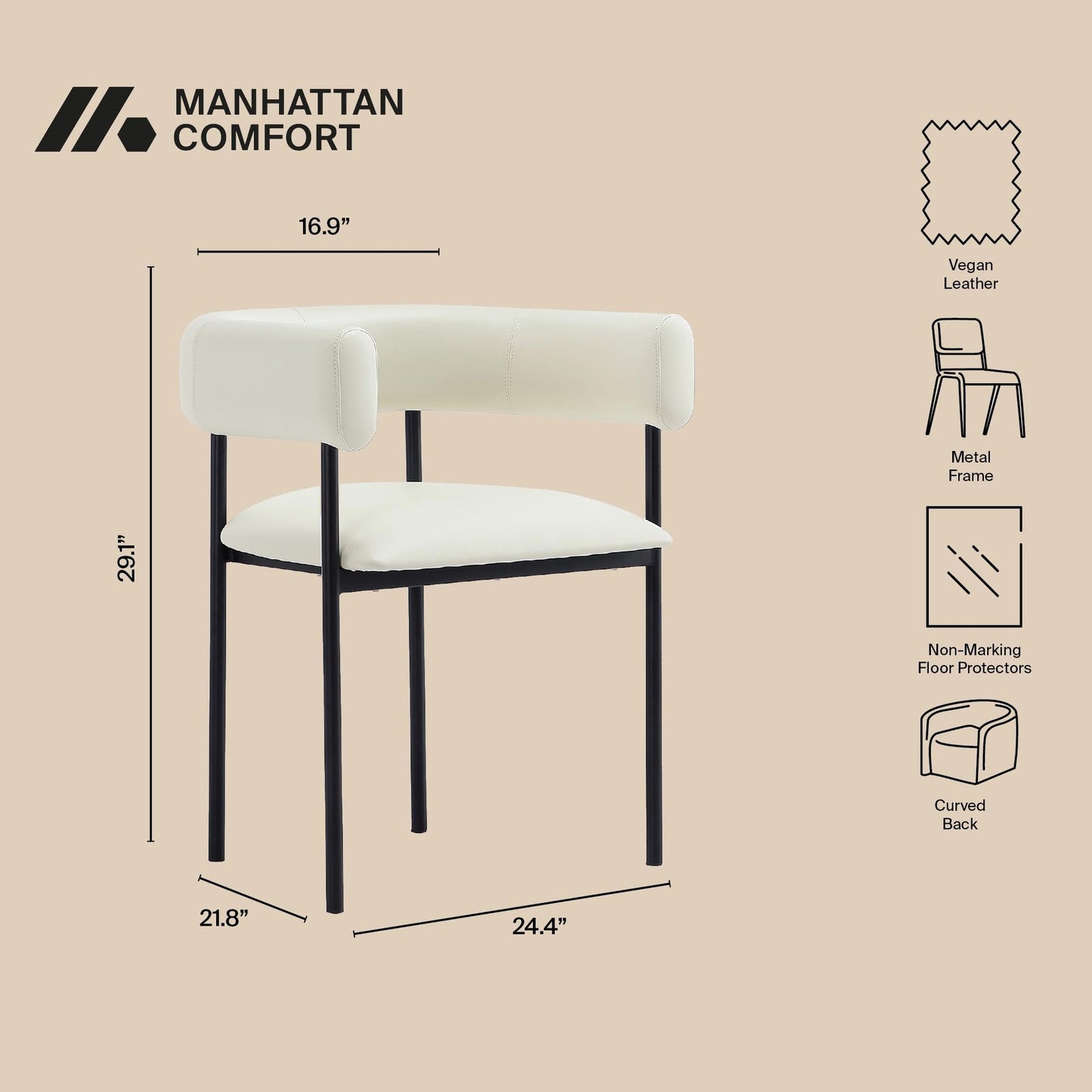 Manhattan Comfort Onda Dining Chair Upholstered in Vegan Leather, Metal Frame with Wraparound Backrest, Modern Seating for Kitchen Counter and Table, Ivory