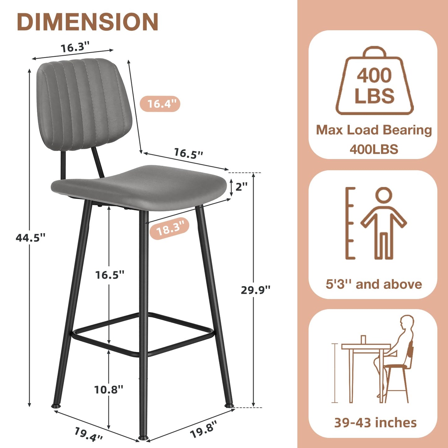 Raynesys 29-Inch Leather Bar Stools Set of 3, Counter Height Barstools with High Backrest，Bar Chairs for Kitchen Island with Heavy Duty Metal Base, Gray