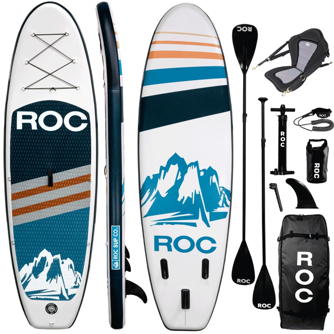 Roc Inflatable Stand Up Paddle Board with Premium SUP Paddle Board Accessories, Wide Stable Design, Non-Slip Comfort Deck for Youth & Adults (Navy W/Kayak Seat)