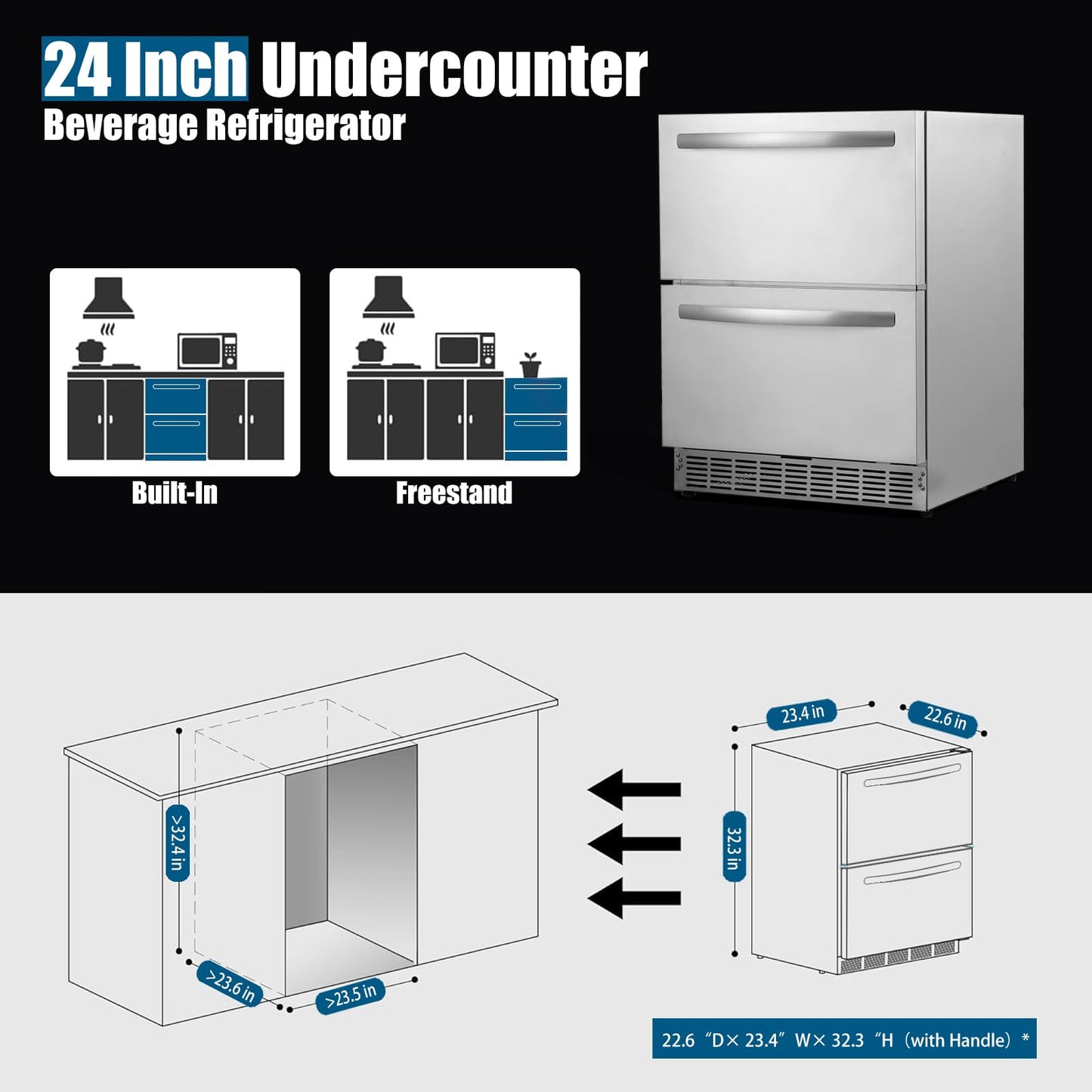 HCK 24 Inch Under Counter Double Drawer Fridge, Stainless Steel Outdoor Beverage Refrigerator for Patio, Built-in Beverage Fridge for Home & Commercial Use