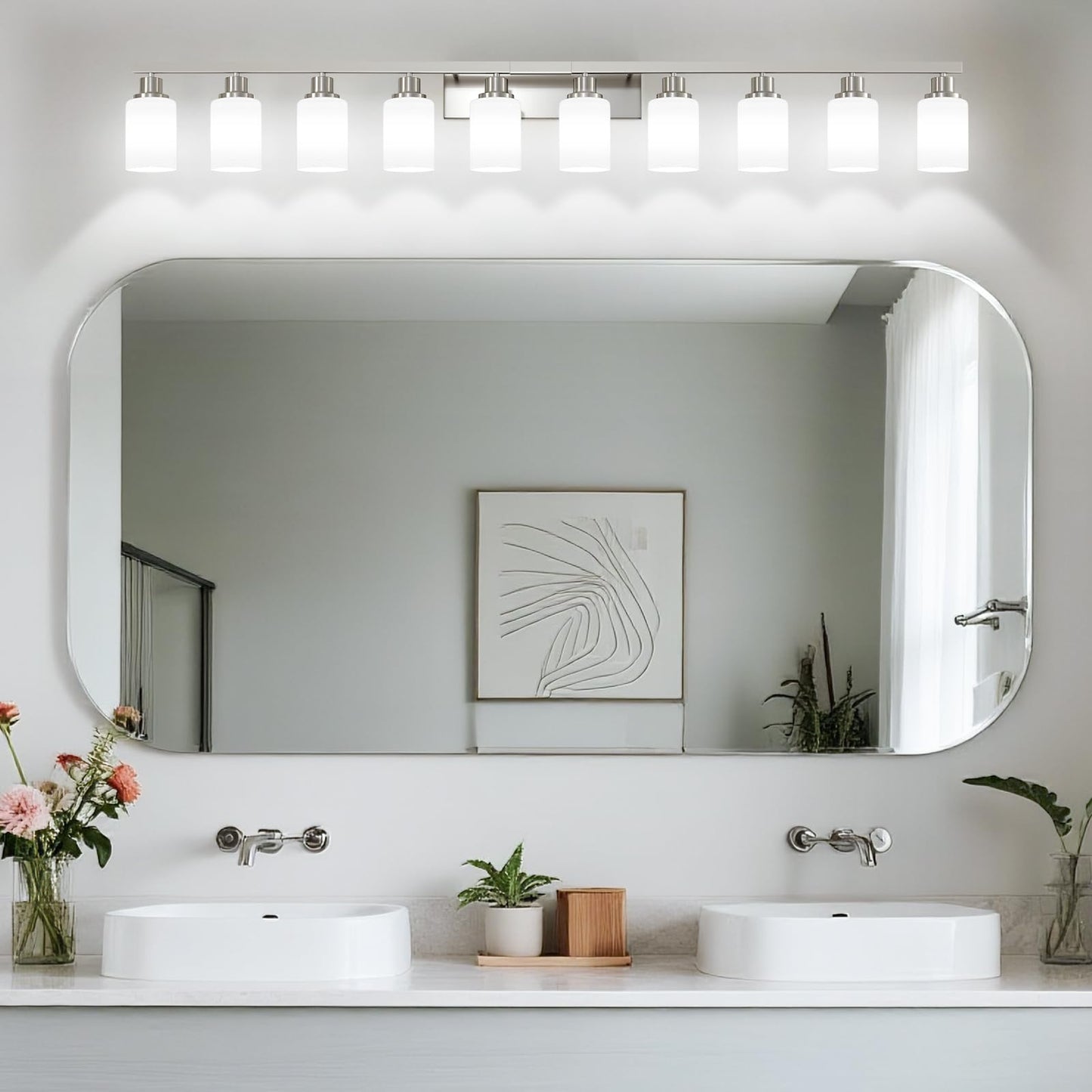 DIKAIDA 10-Light Bathroom Vanity Light Brushed Nickel,64.5in Vanity Lights with White Frosted Glass,Modern Bathroom Wall Lights Fixtures Over Mirror,Wall Sconces Lighting for Bedroom Living Room,E26