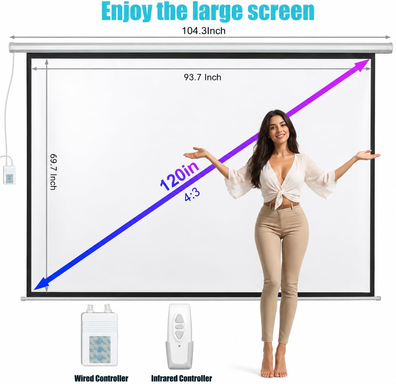 120" Motorized Projector Screen, Electric 4:3 Projector Screen with Remote Control, Indoor/Outdoor HD Movie Screen, Wall/Ceiling Mounted, Perfect for Home Office Theater TV, White