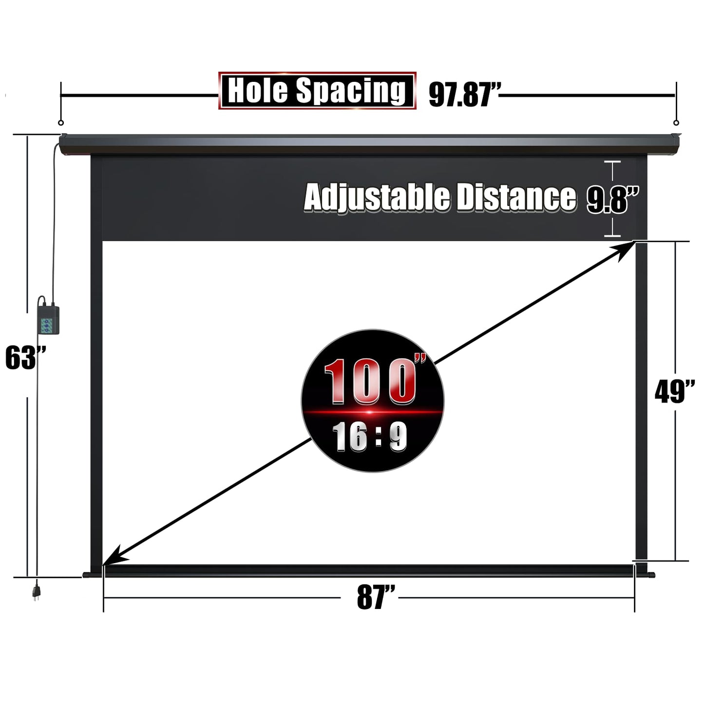 100" Motorized Projector Screen - Indoor and Outdoor Movies Screen 100 inch Electric 16:9 Projector Screen W/Remote Control