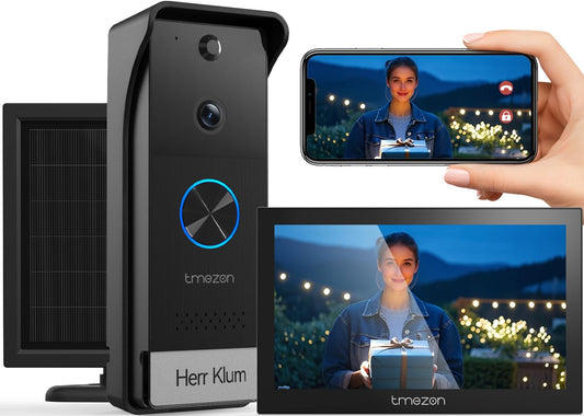 TMEZON Solar Panel Wireless WiFi Video Doorbell Camera with 7'' Touch Screen Monitor, 1080P, Motion Detection, No Monthly Fees, Tuya APP, 2.4G/5G WiFi, Doorbell Intercom System