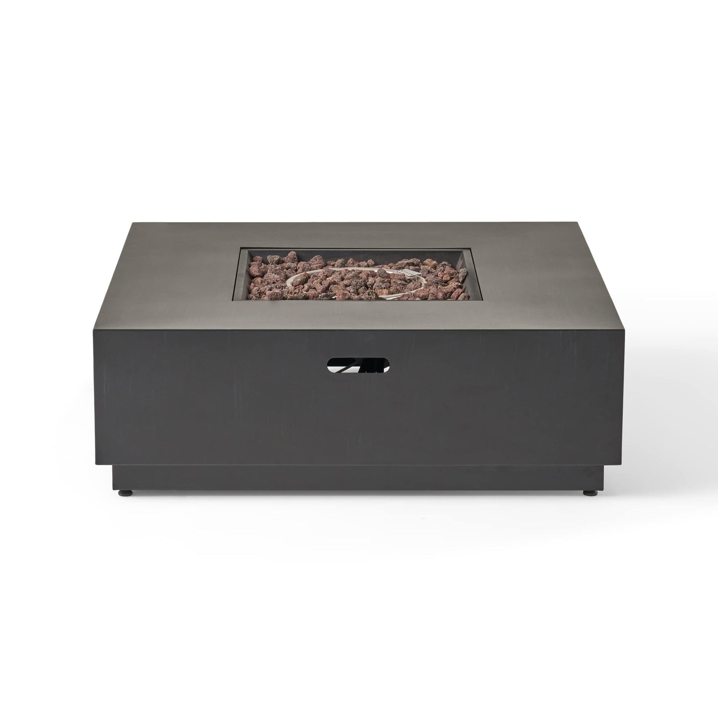 Christopher Knight Home Culatra Outdoor Acacia Wood 5 Seater Sectional Couches Sofa Patio Furniture Set with Fire Pit, 88.5 "W x 88.5 "D x 26.5 "H, Teak + Beige + Dark Gray