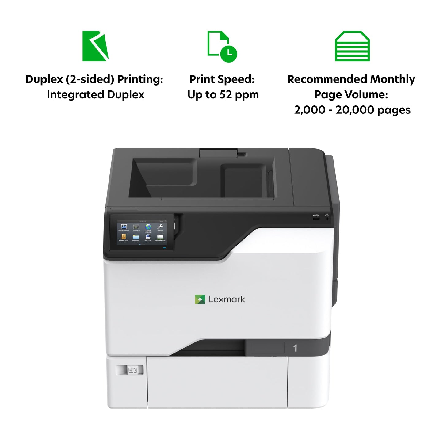 Lexmark CS735de Color Laser Printer, Wireless connectivity, Intelligent Storage Drive Available, Ethernet, Energy Star, 4.3-inch Color Touch Screen and Print Resolution at 1200 x 1200 dpi.(47C9100)