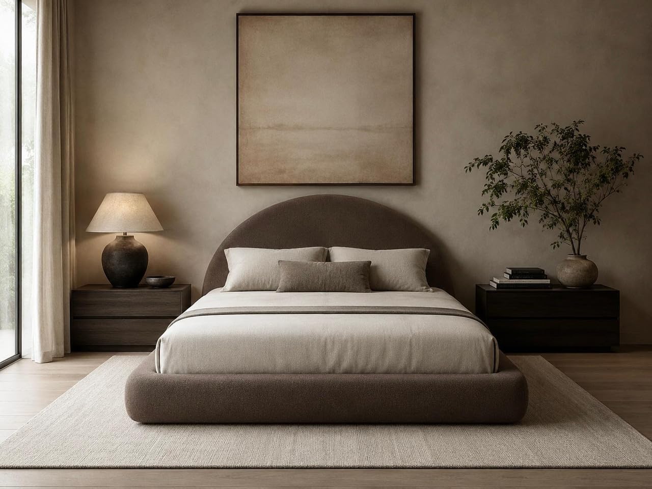 Cloud Frame Round Bed – Washable Zip Cover - Upholstered Linen Soft Foam - Modular Minimalist Modern - Half Circle Moon - Sold Sold Separately (Brown Linen, King Base)