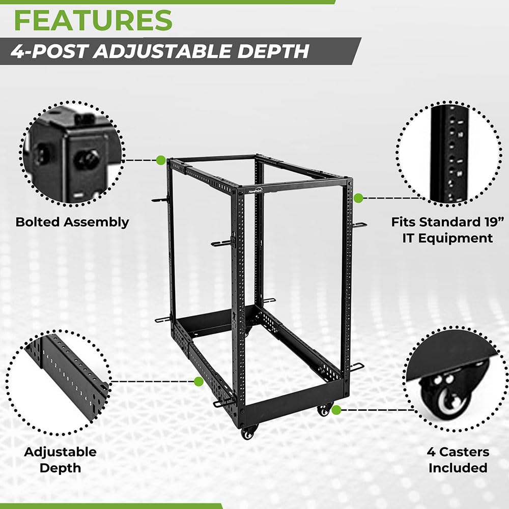 NavePoint 18U 4 Post Server Rack – Open Frame Rack for 19 Inch Equipment, Adjustable Depth 4-Post Network Rack with Casters Wheels, 18U Server Rack 1320lbs Capacity, Black