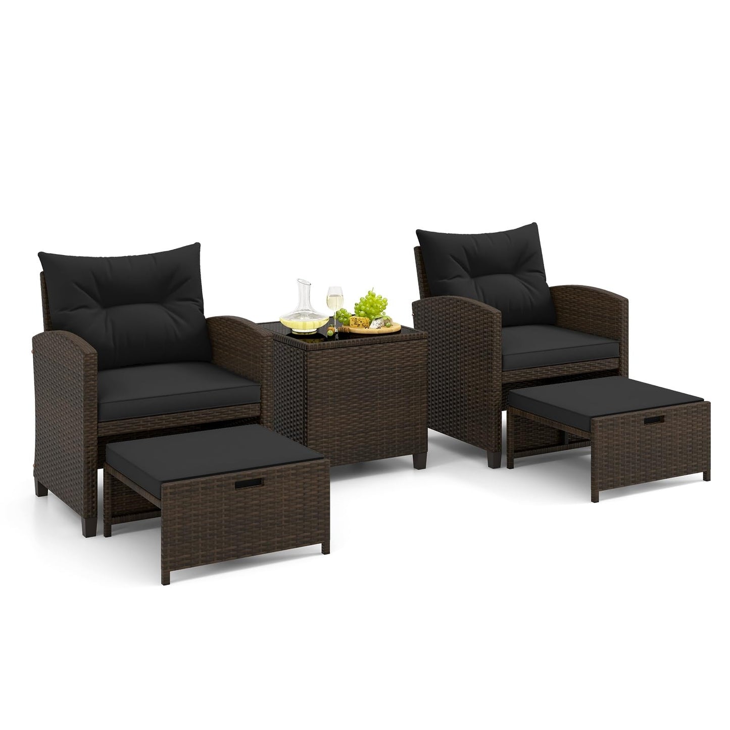 Tangkula 5 Pieces Patio Conversation Set, PE Wicker Rattan Outdoor Furniture Set with 2 Chairs, 2 Ottomans & Tempered Glass Coffee Table, Ideal for Poolside, Backyard, Lawn, Deck, Mix Brown & Black