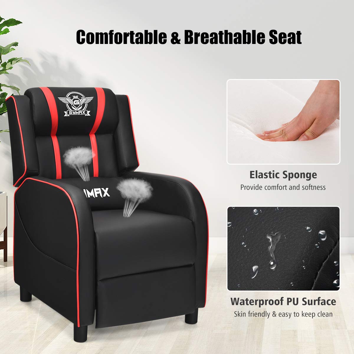 GLOBALWAY Gaming Recliner, Movie Theater Chair w/Adjustable Backrest & Footrest, Massage Lumbar Pillow, Racing Single Sofa, PU Leather Reclining Chair for Gaming Room, Home Theater (Red)