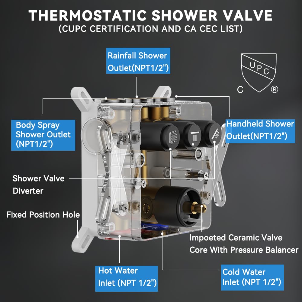 Shower System with Body Jets, STARBATH 12" Rain Shower with 2 in 1 Handheld and 4 Body Jets, Can Use All at Once, Push Button Thermostatic Valve and Trim Kit Complete Shower Faucets Sets, Matte Black