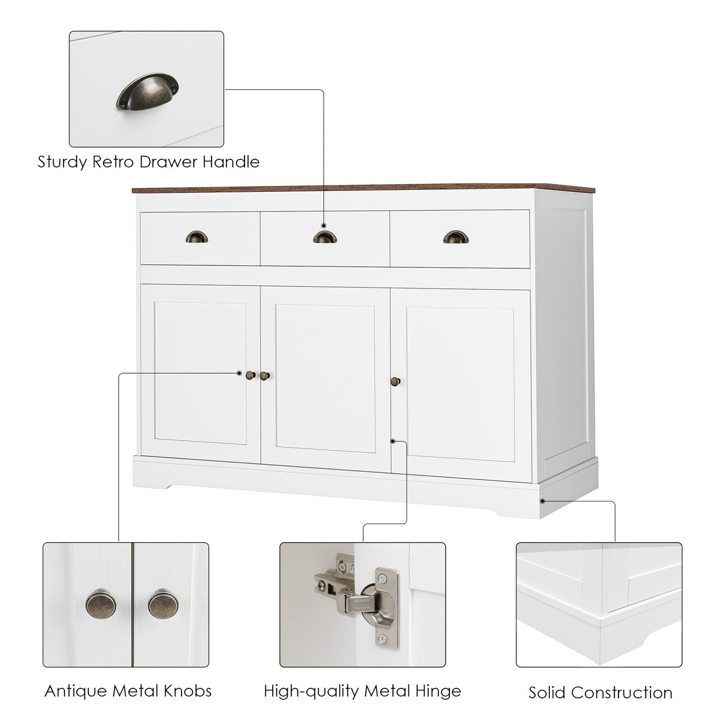 Keyluv White Buffet Cabinet Storage Sideboard Farmhouse Server Bar Wine Cabinet with 3 Drawers & 3 Doors Adjustable Shelves Console Table for Dining Living Room Kitchen Cupboard