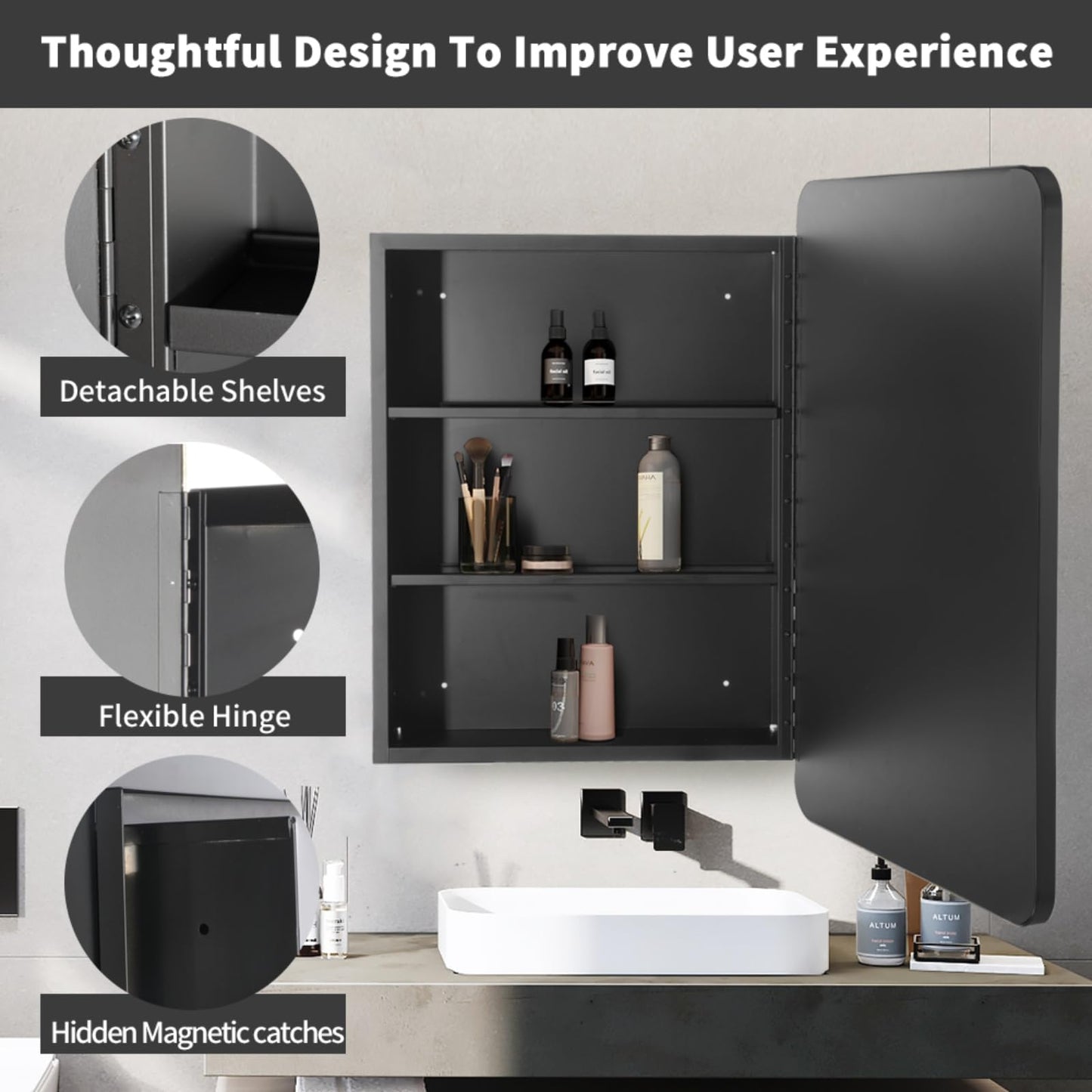 Movo Black Metal Framed Bathroom Mirror Medicine Cabinet,30 Inch x 24 Inch Recessed Wall Mounted Medicine Cabinet with Mirror,Aluminum Storage Cabinet for Bathroom Vanity