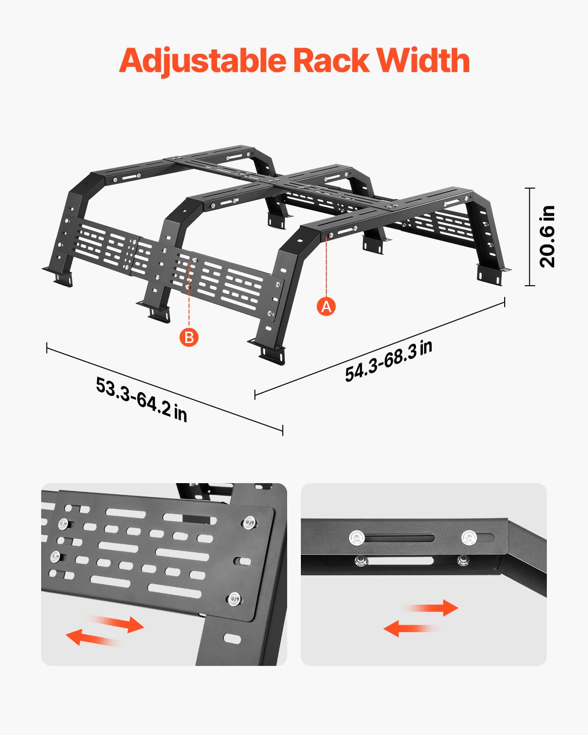 VEVOR Overland Truck Bed Rack, 54.3-68.3 in Width, Adjustable Overland Bed Cargo Rack with Sidebar and 900 lbs Static Load Capacity, Heavy Duty Steel, Compatible with Full Size and Mid-Size Trucks