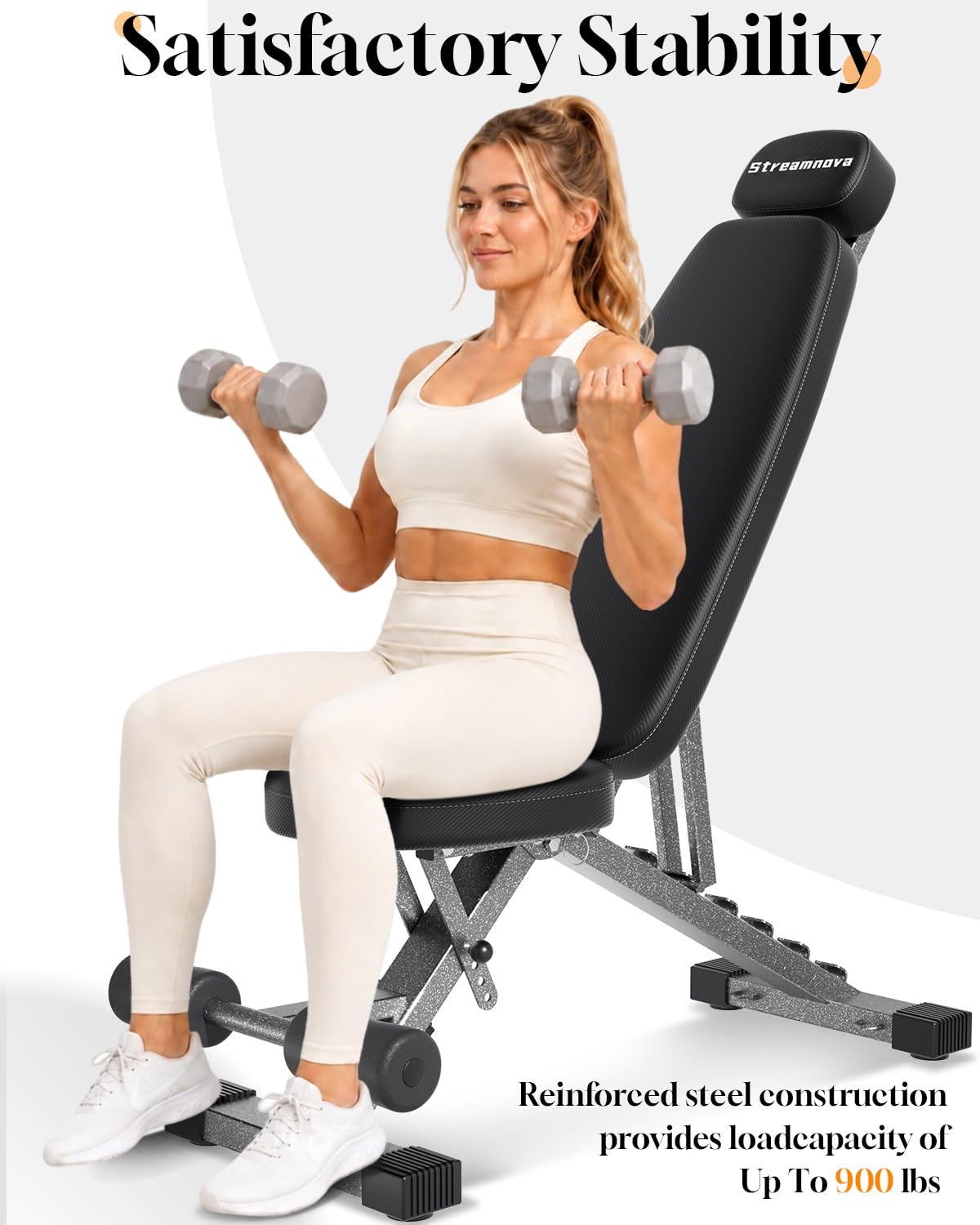 Streamnova Fitness Bench, Adjustable, Comfortable, Fashionable, Foldable and Extended Headrest with 192 Positions Incline Decline 900LBS Home Gym Bench for Strength Training