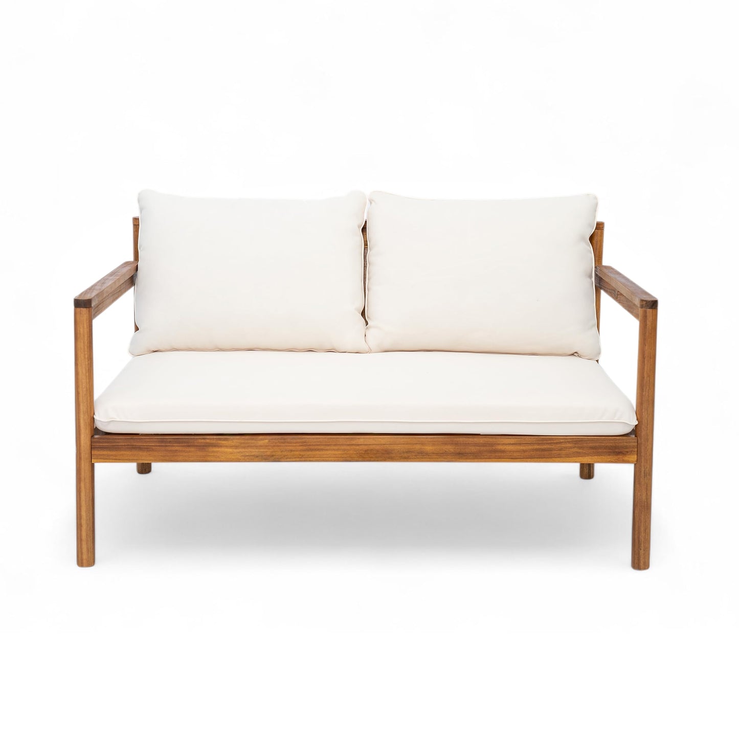 Christopher Knight Home Vorms Outdoor Loveseat with Coffee Table, 2-Piece Acacia Wood Patio Furniture Set with Rope Backrest, Patio Conversation Chat Sets for Backyard Balcony, Teak+Cream