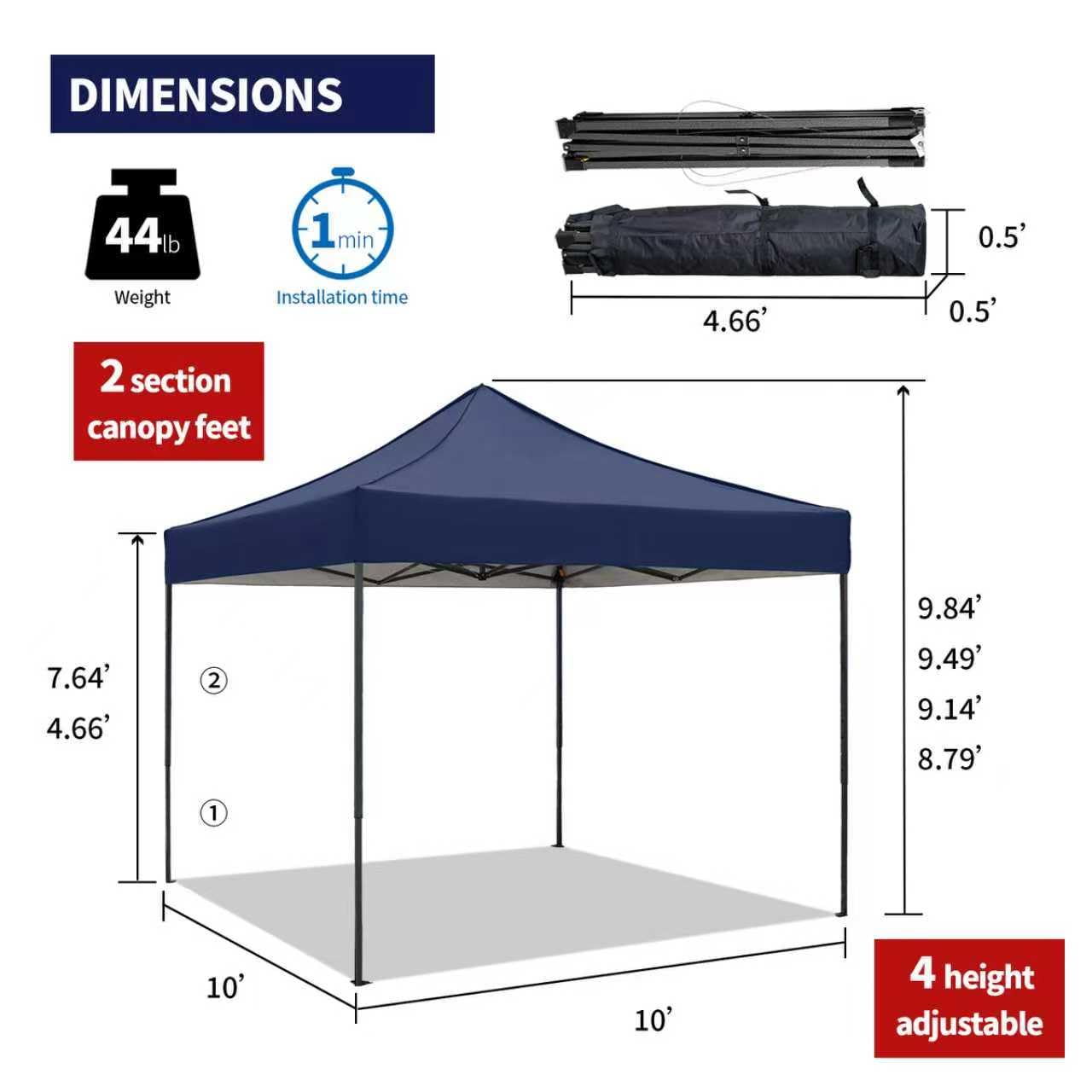 10x10 Pop up Canopy Tent with Sidewalls,Heavy Duty Waterproof Sun Shade Canopy Easy up Canopy with Wheel Bag Commercial Gazebo Tent for Outdoors Parties Vendors Camping Beach (Navy Blue)