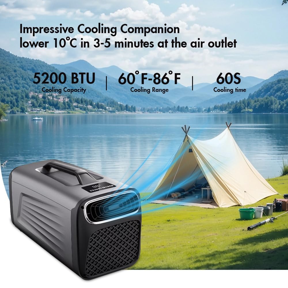 GETUHAND Portable Air Conditioner for Camping Outdoor and Indoor Use, 5200BTU Fast Cooling Capacity for Tent AC，Quiet Air conditoning For Small Rooms，Pet House Black Grey