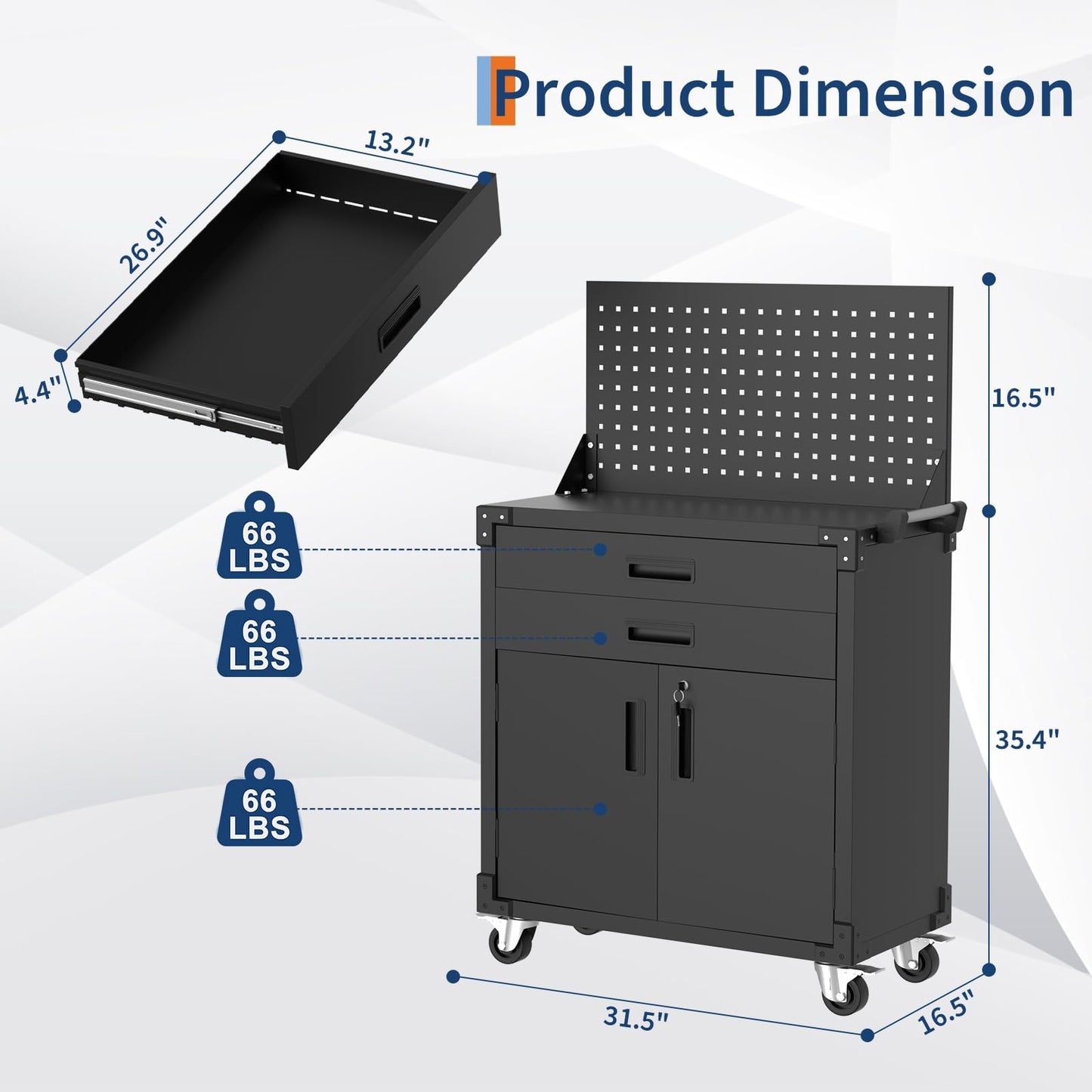 GarveeLife Mobile Tool Chest Cabinet with 2 Drawers and Pegboard, Rolling Metal Garage Workbench with Adjustable Shelf, Storage Cabinet on Wheels for Workshop Warehouse