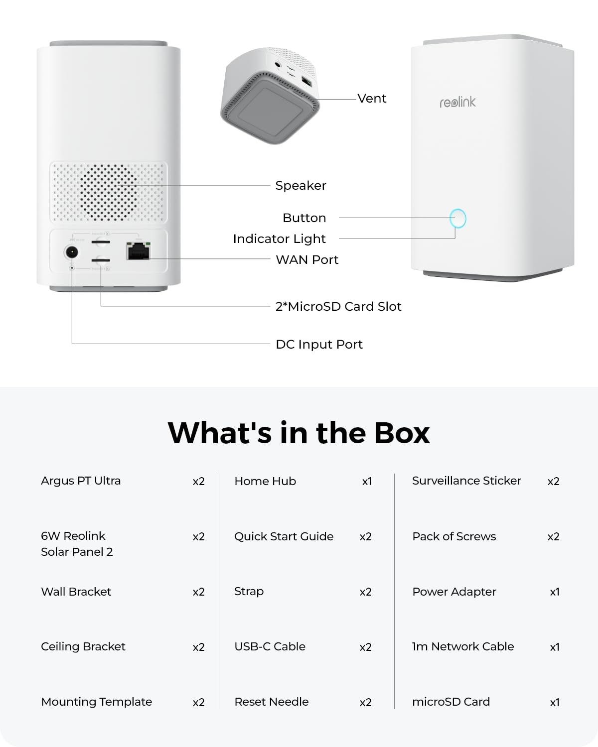 REOLINK 4K Solar Security Cameras Wireless Outdoor System, Color Night Vision, 360° Pan Tilt Auto-Tracking, 2.4/5 GHz Wi-Fi 6, Encrypted Local Storage, No Subscription, Home Hub with 2X Argus PT Ultra
