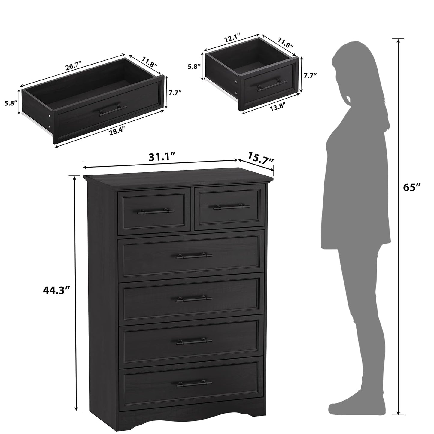 YANSNWO Black Farmhouse Dresser for Bedroom, Modern 6 Chest of Drawers, 44" Tall Chest of Drawers w/Brushed Metal Handle, Wood Closet Organizers and Storage Cabinet for Bedroom, Living Room, Hallway