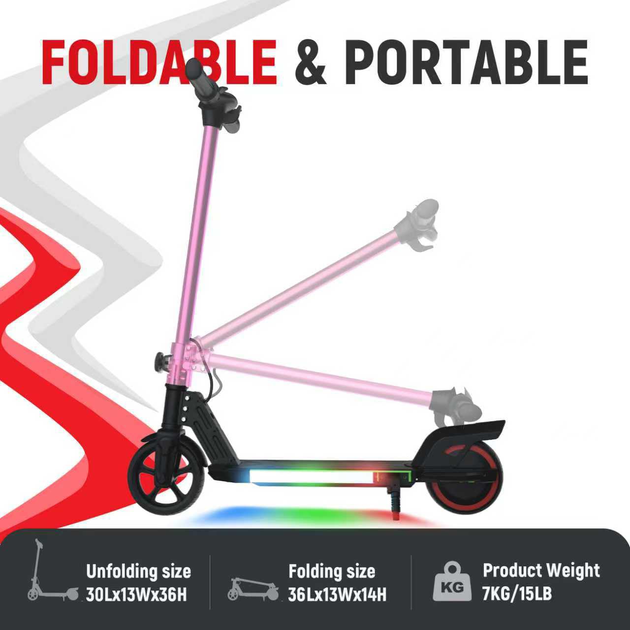 WEELMOTION Pink Foldable Electric Scooter for Kids, Bright Front Bar Lights, LED Head Lights, Shining Pedal, Big LED Display, Dual Brakes 150W Motor Kids Electric Scooter, UL2272 Certified