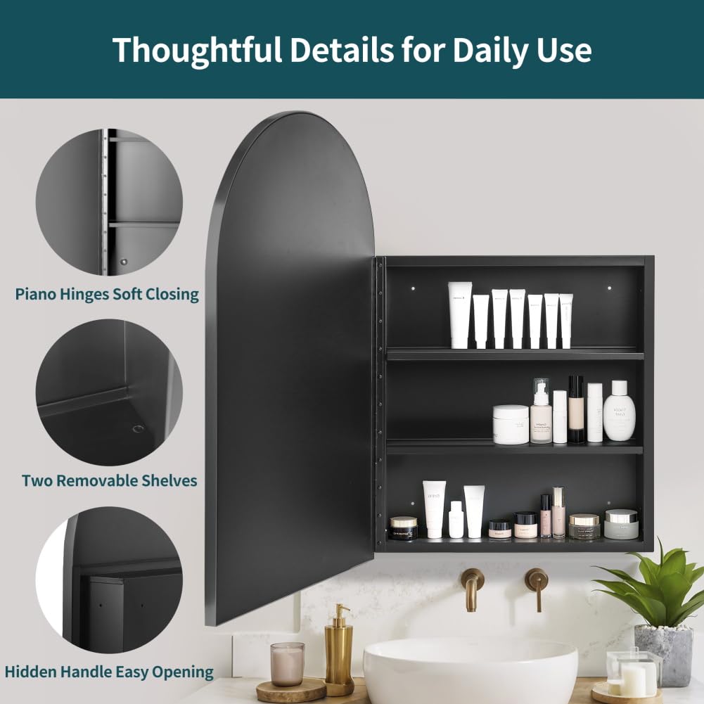 Movo 20 x31 Inch Arched Black Medicine Cabinet with Mirror,Metal Framed Wall Mounted,Recessed Medicine Cabinets for Bathroom,Bathroom Mirror Medicine Cabinet with 2 Removable Shelves