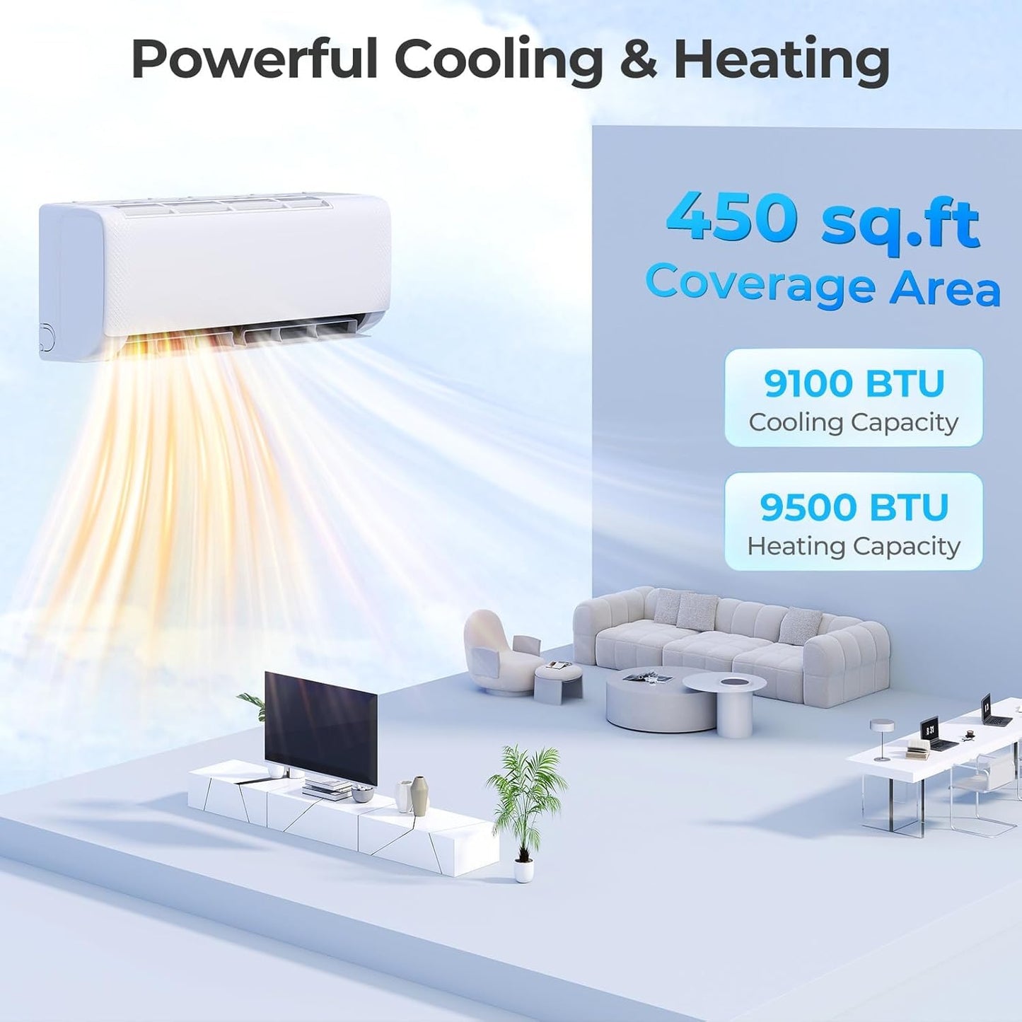 SIMOE 9000 BTU Mini Split Air Conditioner and Heat Pump, 115V 20.5 SEER2 WiFi Enabled Mini Split AC/Heating System, Cools Up to 450 Sq.Ft, Ductless Inverter AC Unit with Pre-Charged Condenser