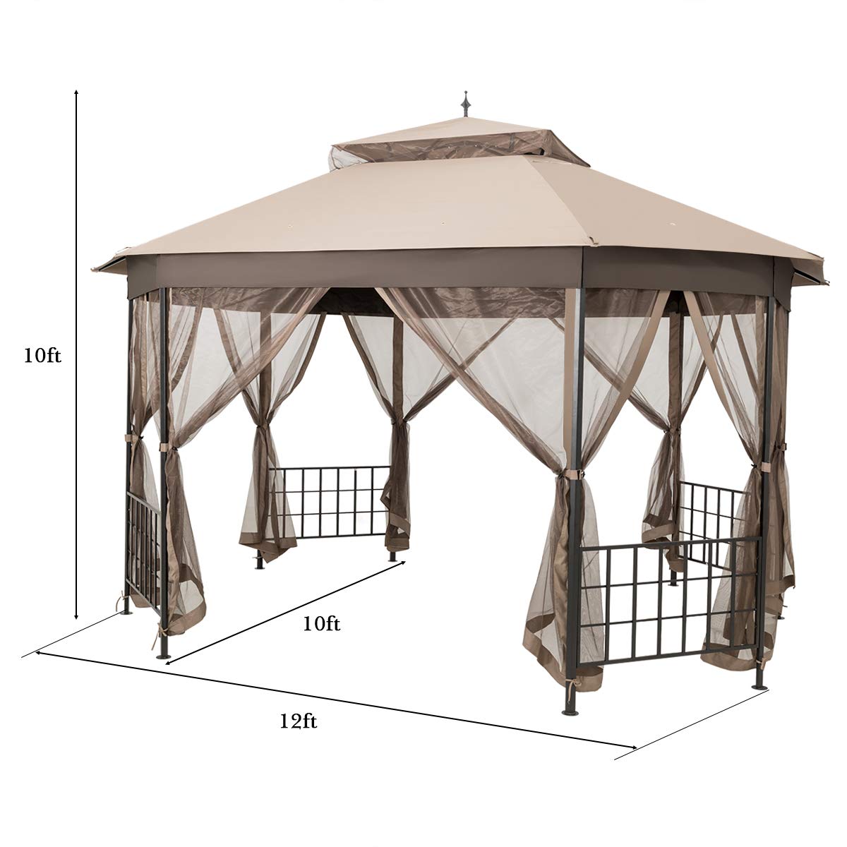 Tangkula 10 x 12 Ft Patio Gazebo, Heavy Duty Octagonal Canopy with Netting Sidewalls & Sturdy Steel Frame, Double Roof Vented Shelter for Backyard Event Party BBQ (Brown)