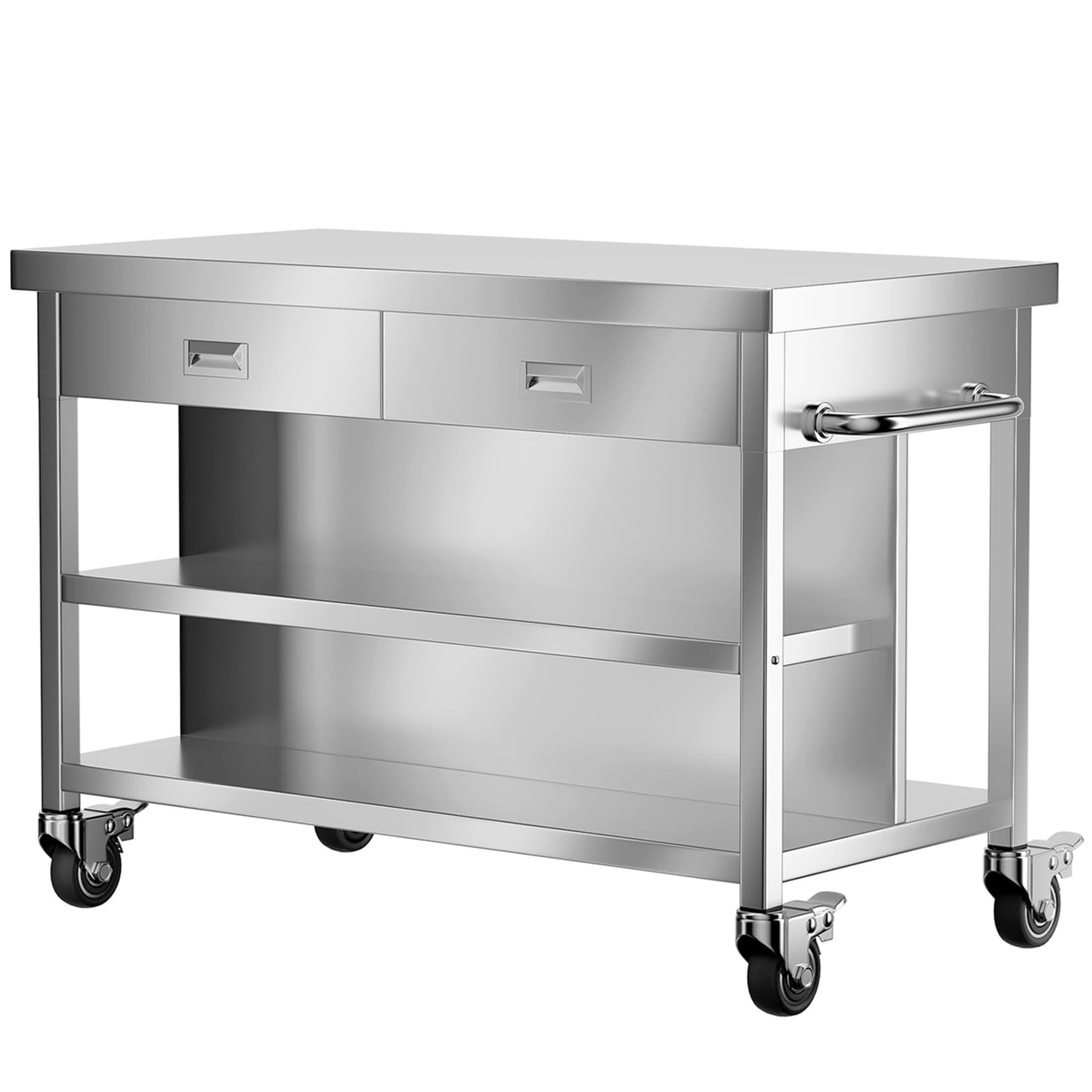 KINGBO 50" Stainless Steel Kitchen Island with Storage, Rolling Kitchen Island Table with 2 Drawers on Wheels, Portable Island Cart for Kitchen, Outdoor, Restaurant, Cafe