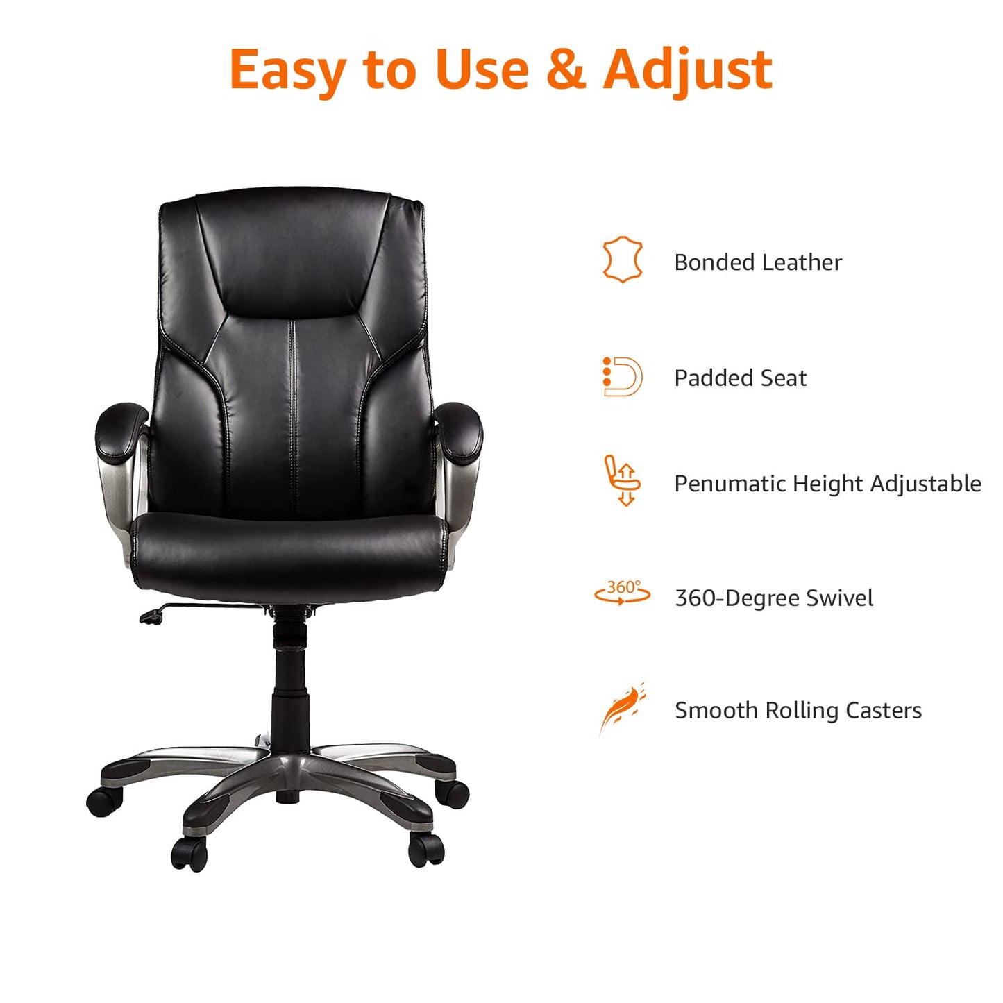 Amazon Basics Executive High Back Office Chair, Adjustable Height, Tilt, Swivel, Padded Seat, Bonded Leather, Wheels, Black/Silver