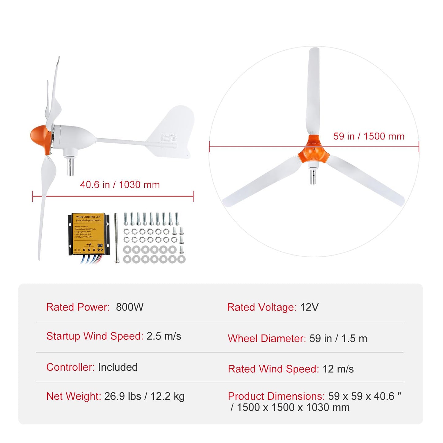 Happybuy 800W Wind Turbine Generator, 12V Wind Turbine Kit, 3-Blade Wind Power Generator with MPPT Controller, Adjustable Windward Direction & 2.5m/s Start Wind Speed for Home, Farm, RVs, and Boats