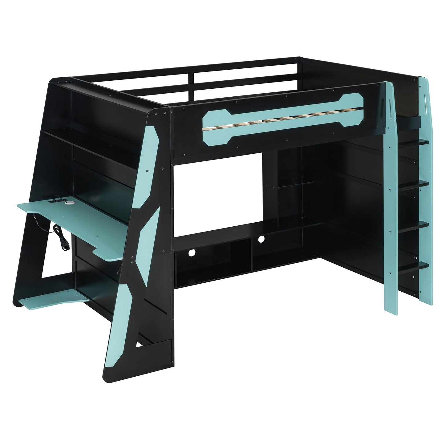 Merax Full Size Loft Bed with Desk and Multi-Storage Shelves, Wooden Gaming Loft Bed Frmae with Light and Charging Station, Space-Saving Bed with Safety Guardrail, No Box Spring Needed, Blue