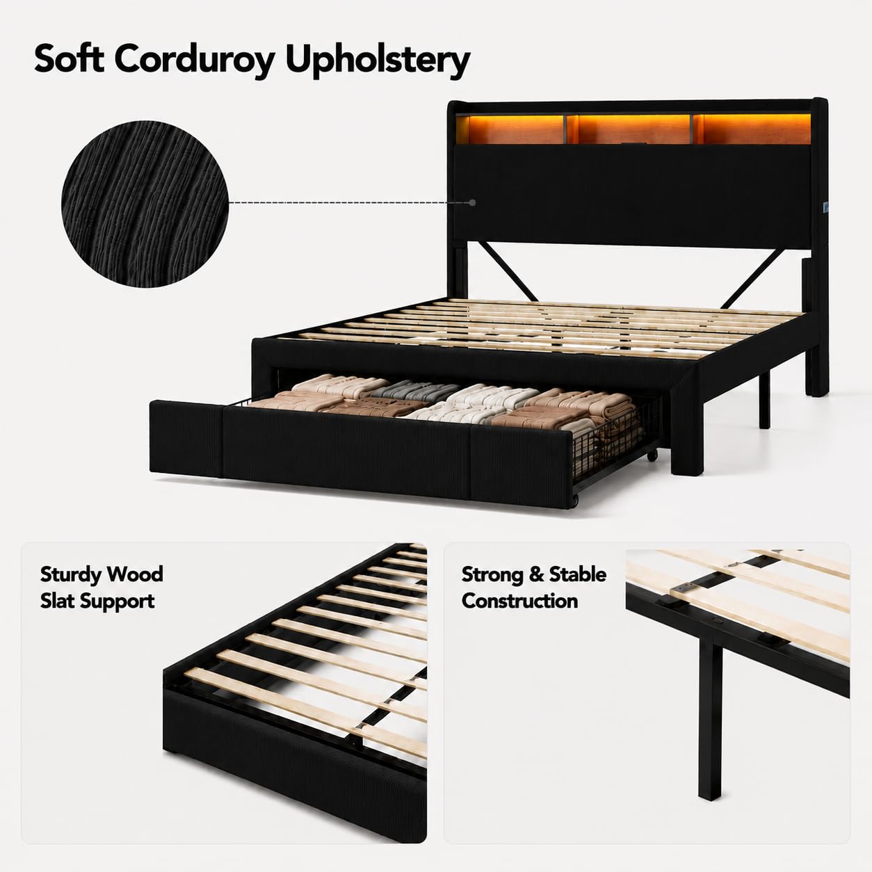 KEIKI Queen Size Upholstered Platform Bed Frame with Storage Headboard and Drawers, LED Bed Frame with Charging Station, Corduroy Mattress Foundation with Silent Slats, No Box Spring Needed