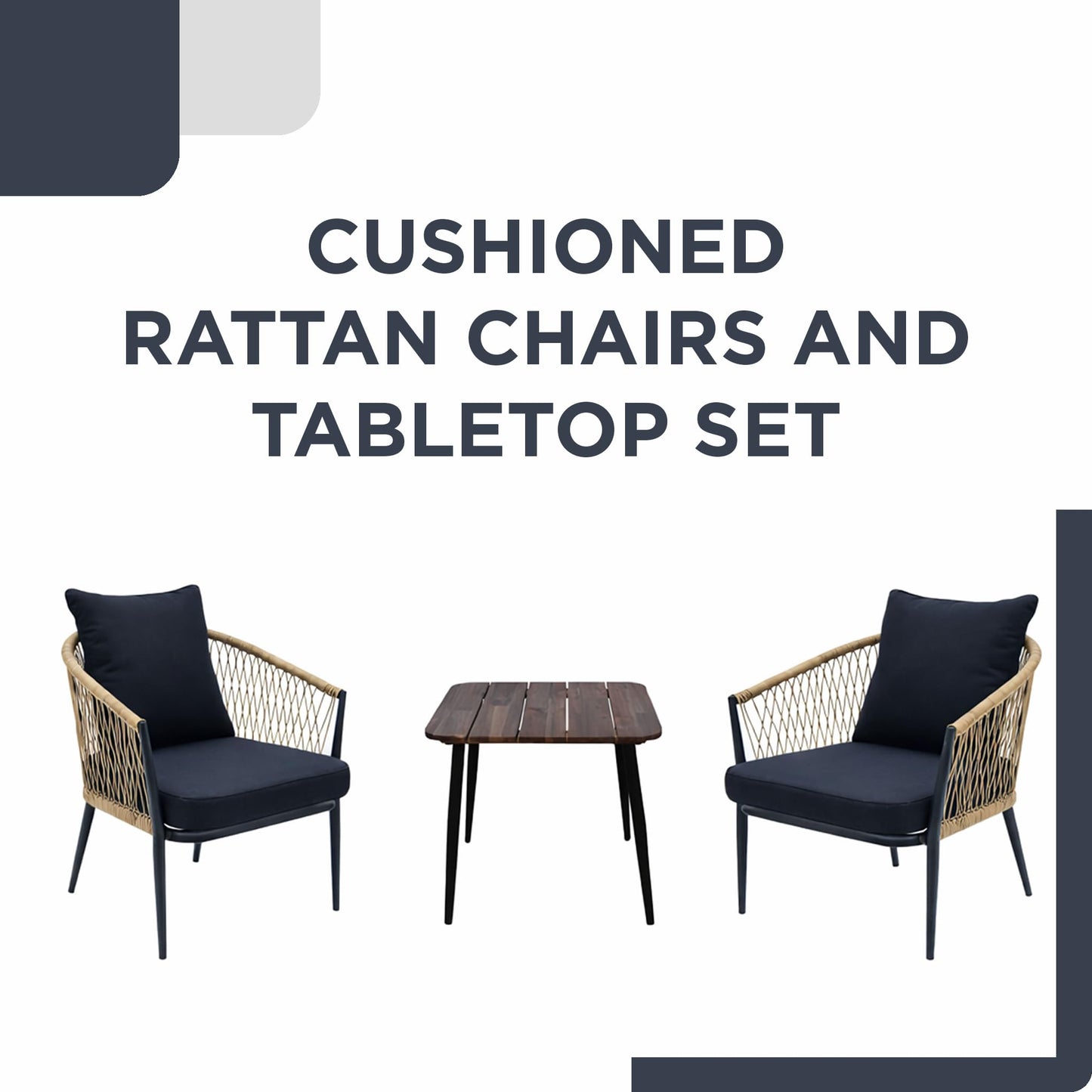 Alpine Corporation VTFAM166A 3-Piece Outdoor Patio Bistro Set – Wooden Accent Table & 2 Wicker Armchairs with Seat & Back Cushions – Modern Indoor/Outdoor Conversation Set, Natural & Black