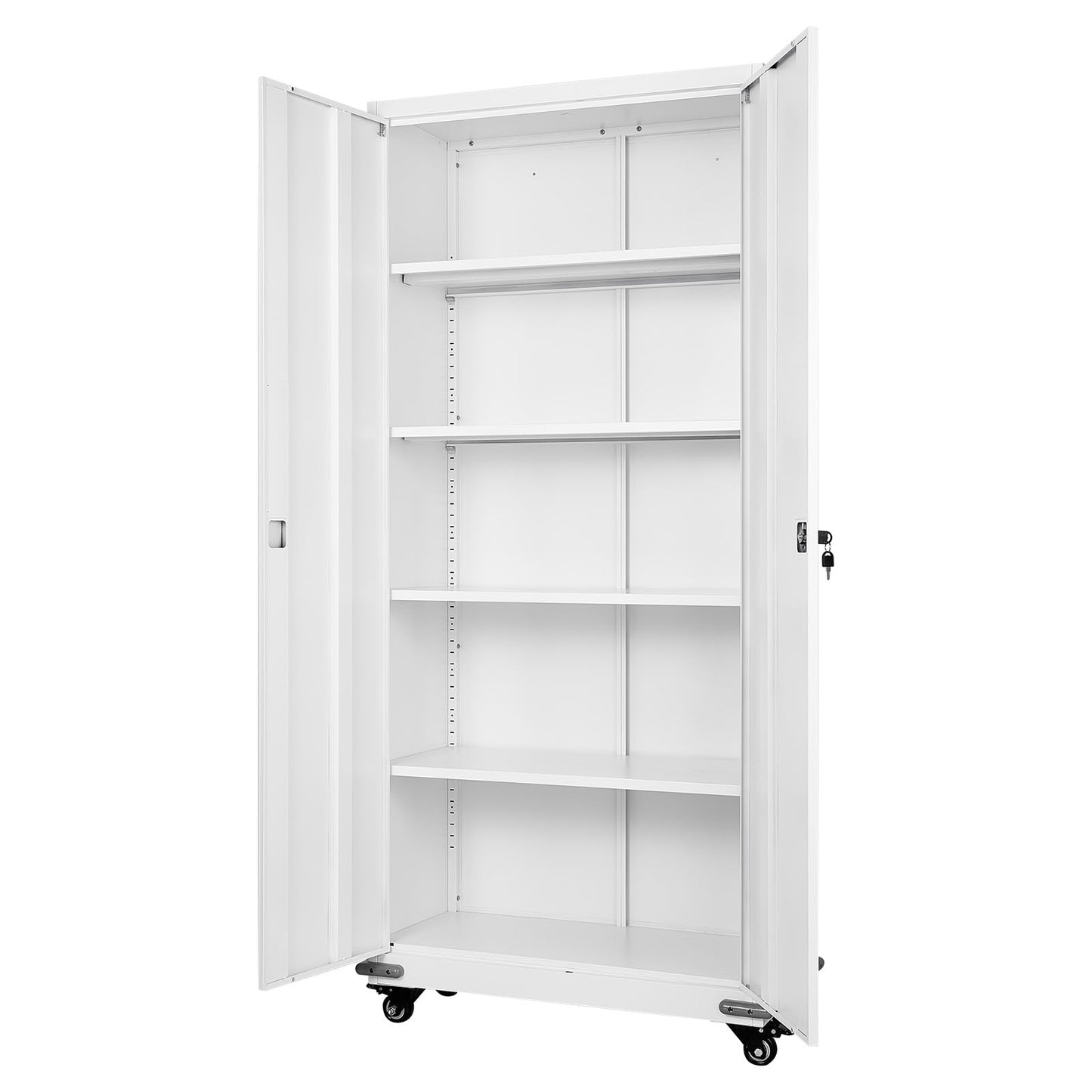 VEVOR Metal Storage Cabinet, 72.6 in Rolling Steel Garage Cabinet with 4 Adjustable Shelves, 2 Magnetic Doors & 2 Keys, 5 Tiers Lockable Tool Storage for Pantry, Warehouse, Basement, Office, White